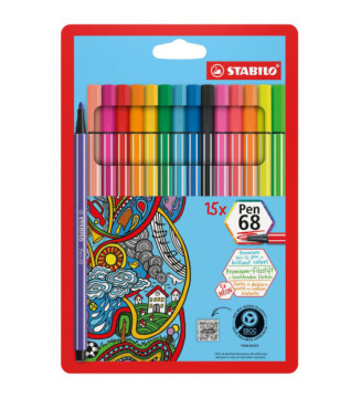 Pochette de 15 feutres de Dessin PEN 68 Pointe ogive Moyenne 1 mm dont 5 fluo