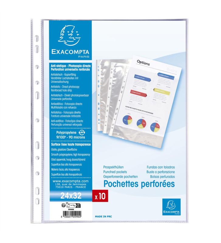 Sachet de 10 pochettes perforées PP haute qualité - 24x32cm vertical - Cristal
