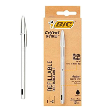 Stylo à Bille Cristal RE'NEW Corps Métal+2 Recharges Noir