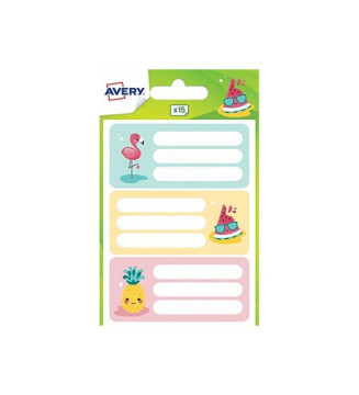 15 étiquettes scolaires - flamant rose, pastèque et ananas - 76 x 34 mm