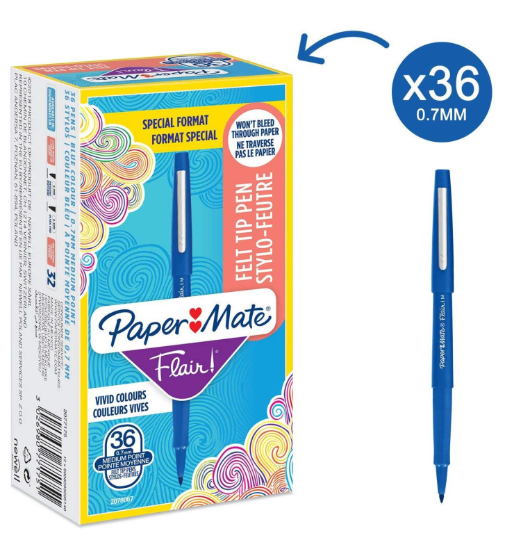 Lot de 36 Stylos feutre Flair Original Pointe Moyenne Bleu