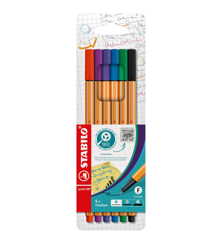Pochette de 6 Stylos-Feutres POINT 88  Pointe Fine 0,4 mm couleurs assorties