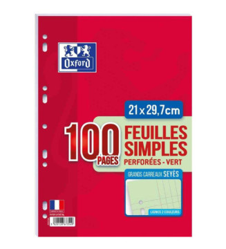 Etui 50 Feuillets Mobile perforé 100 pages A4 210X297 Grands Carreaux 80 g Vert