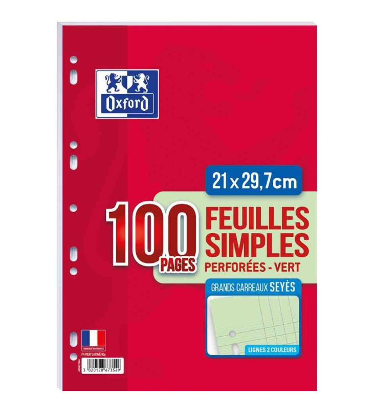 Etui 50 Feuillets Mobile perforé 100 pages A4 210X297 Grands Carreaux 80 g Vert