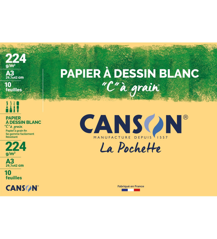 Pochette de 10 Papier à dessin C à grain A3 224 g Blanc