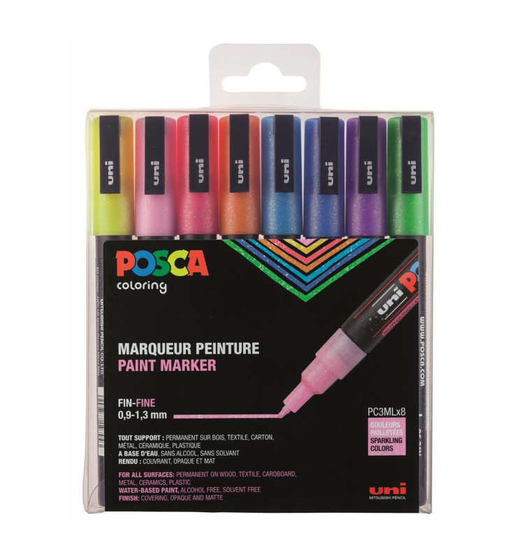 Set de 8 Marqueurs PC3ML pointe conique fine en plastique Pailleté