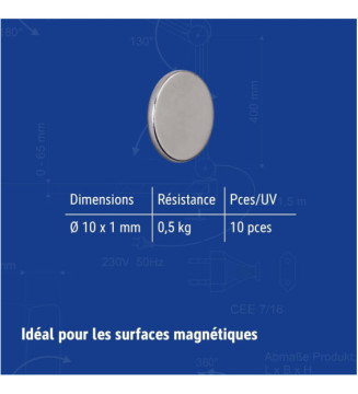 Lot de 10 Aimants Néodyme 0,5 Kg Pastille Diam 10 x (H)1 mm Nickel