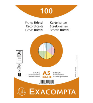 Fiches bristol, A5, ligné, assorti