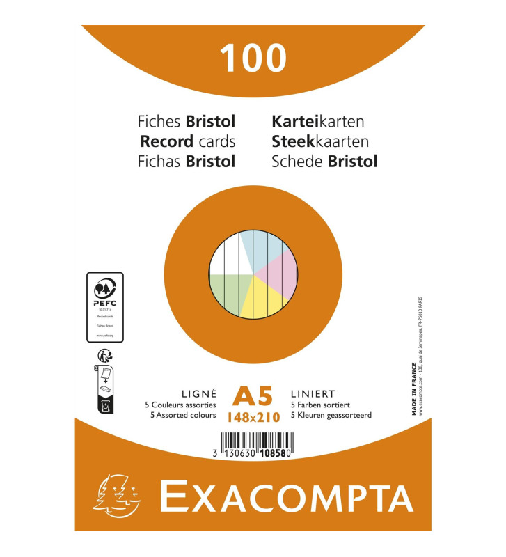 Fiches bristol, A5, ligné, assorti