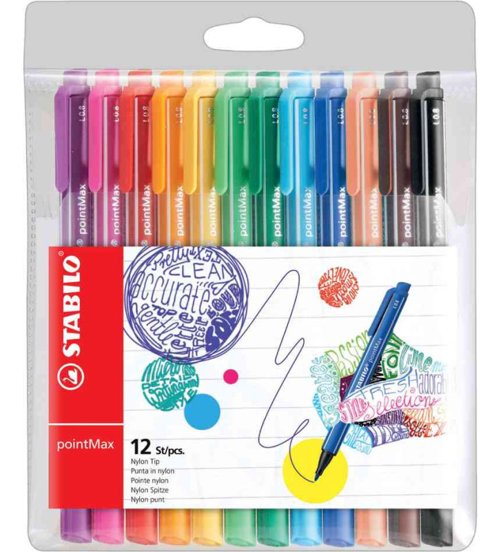 Pochette de 12 stylos feutres PointMax pointe moyenne 0,8 mm assortis