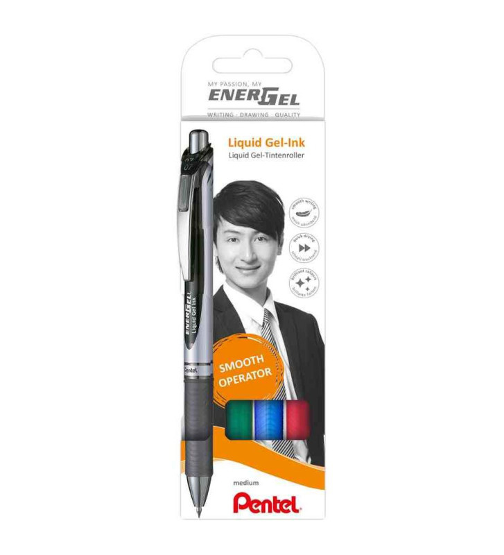 kit de 4 Stylo roller à encre gel EnerGel XmRT noir, rouge, bleu, vert