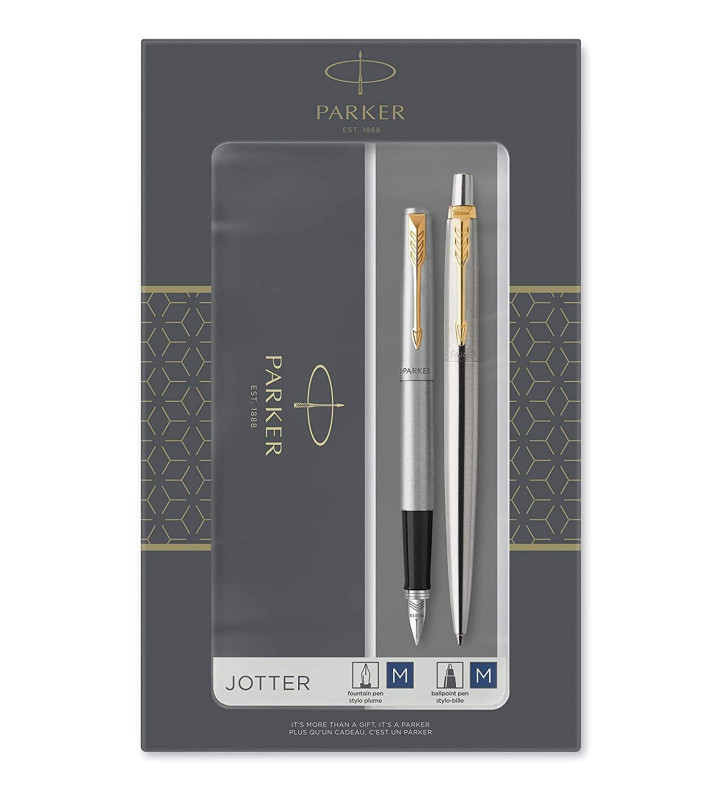 Coffret stylos JOTTER corps Acier attribut Or  bille et plume pointe moyenne