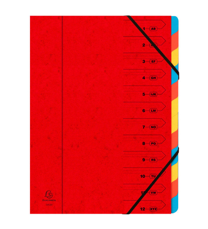 Trieur agrafé 24 x 32 cm avec élastiques 12 compartiments Rouge