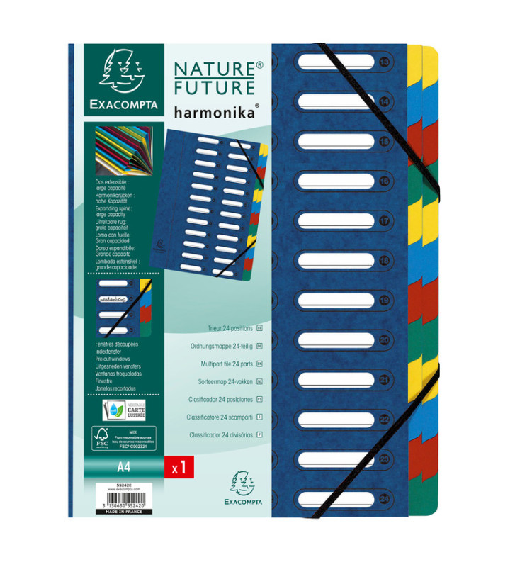 Trieur HARMONIKA à fenêtres et élastiques carte lustrée 24 comp. Bleu