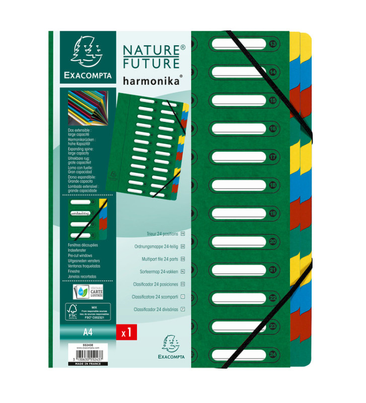 Trieur HARMONIKA à fenêtres et élastique carte lustrée 24 comp Vert