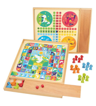 Jeux de l'oie et Petits Chevaux - Plateau avec Plumier en Bois