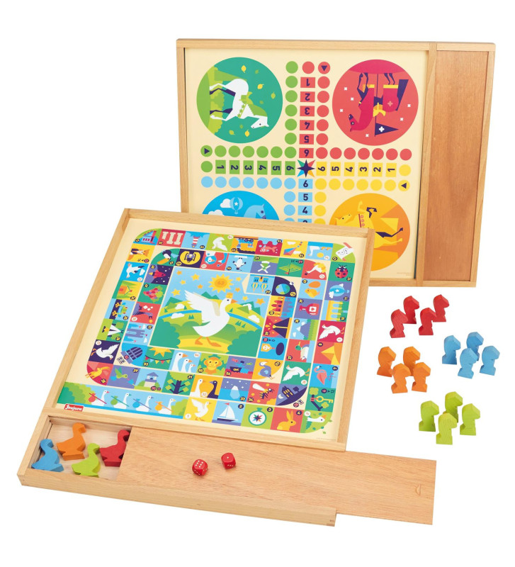 Jeux de l'oie et Petits Chevaux - Plateau avec Plumier en Bois
