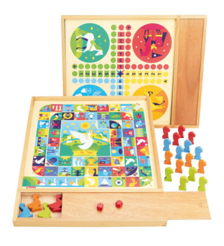 Jeux de l'oie et Petits Chevaux - Plateau avec Plumier en Bois