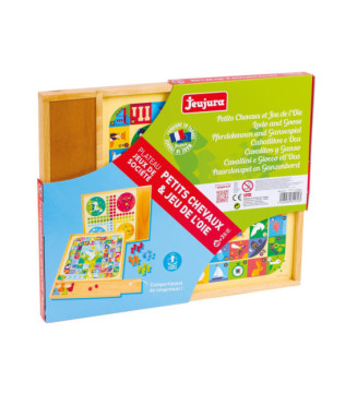 Jeux de l'oie et Petits Chevaux - Plateau avec Plumier en Bois