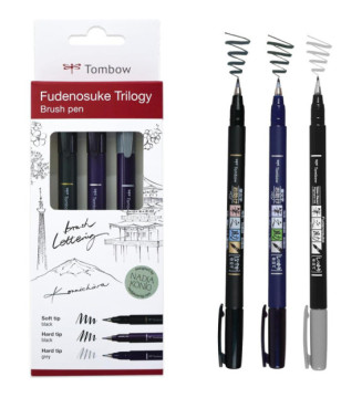 Set Fudenosuke Trilogy 3 Feutres de calligraphie Noir Souple et dur Gris dur