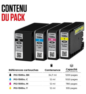 Cartouche Jet d'encre PGI-1500XL (Noir Cyan Magenta Jaune) Grande capacité