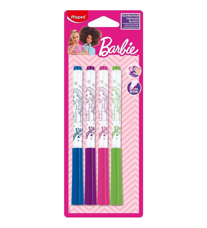 Pack 4 Marqueurs Effaçables pour Ardoise Barbie Pointe Fine