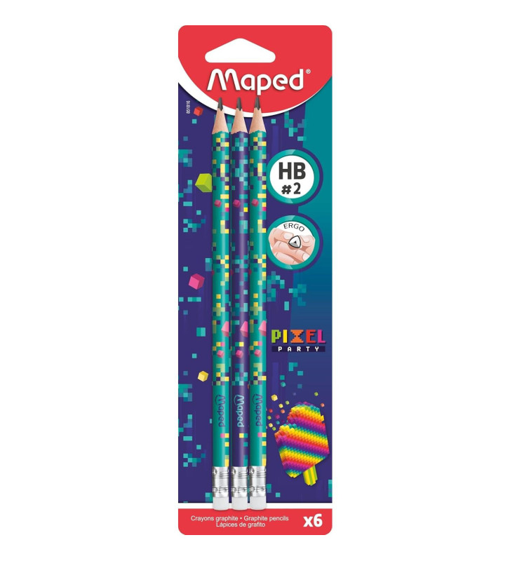 Pack 6 Crayons Papier PIXEL PARTY HB Bout Gomme