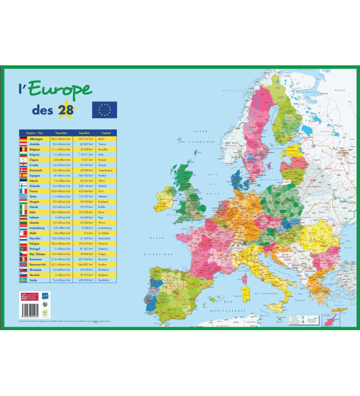 Sous-main carton rigide Carte Europe Politique 40,5 X 55 cm