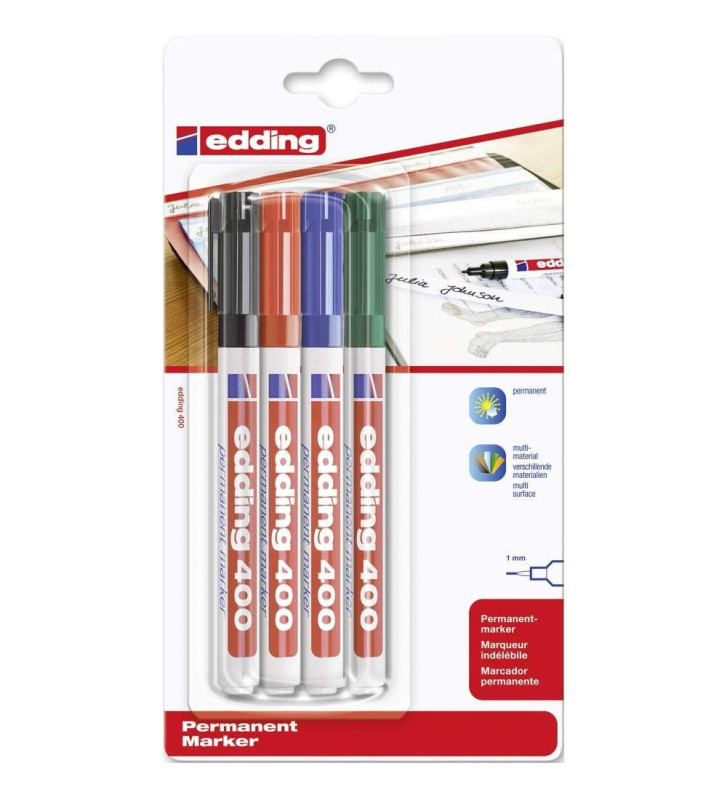 Pochettes de 4 marqueurs Permanents extra- fin, colOris Assortis e-400