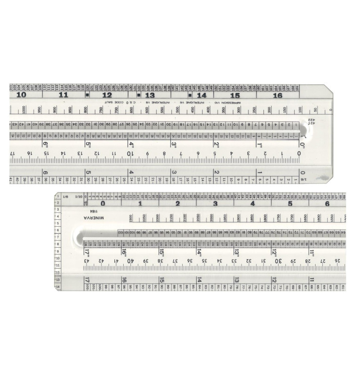 Règle Informatique centre évidé 430 mm Grad 1/10 1/6 1/8 de pouce n° 1164