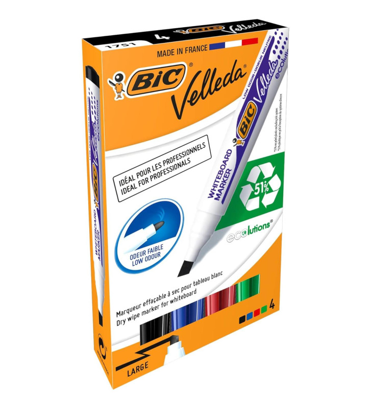 Pack 4 Feutres tableau blanc effaçable Pointe Biseau Large N/B/R/V