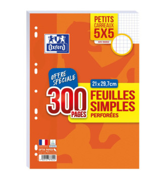 Lot de 300 pages Feuillets mobiles A4 90g perforés Quad 5x5 avec Marge