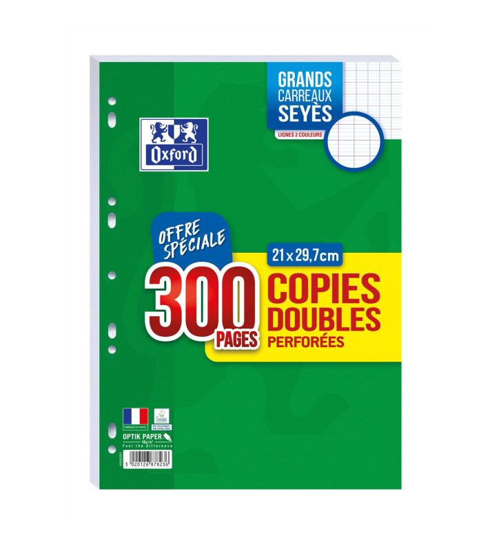 Copies doubles perforées A4 300 Pages 90 g grands carreaux