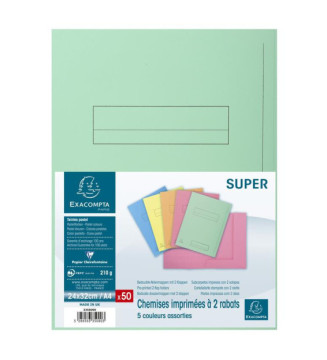 Paquet de 50 chemises imprimées 2 rabats SUPER 210 - 24x32cm Couleurs assorties