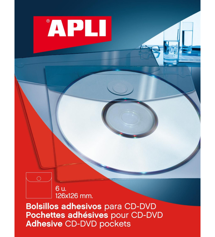 Sachet de 6 pochettes adhésives cd/dvd 126 x 126 mm