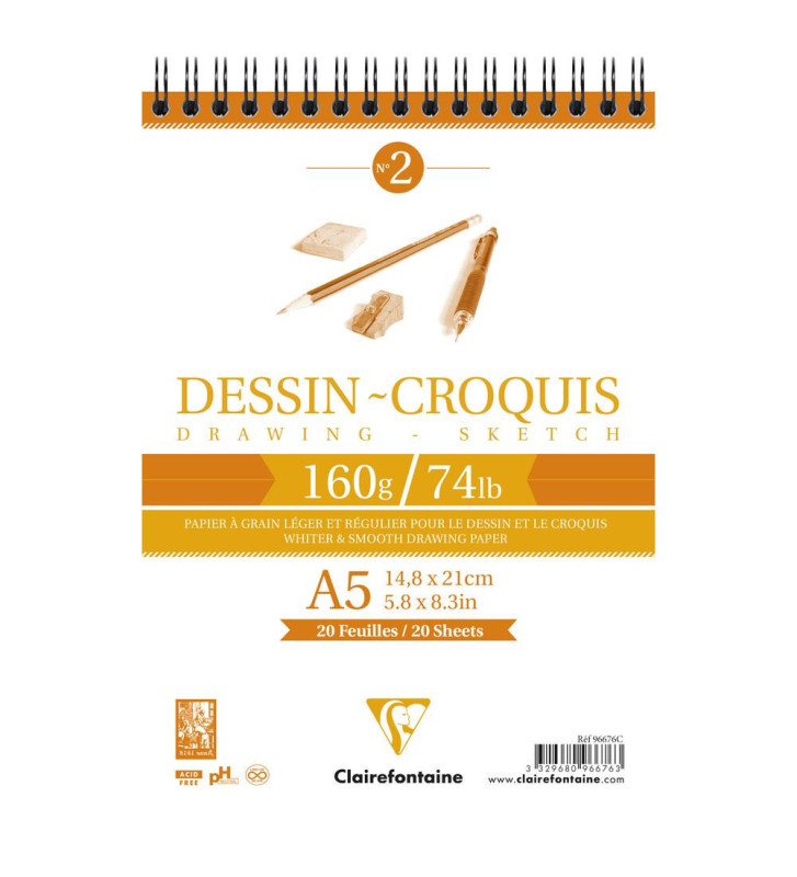 Bloc Dessin Croquis Spirale 160g A5 35 Feuilles Blanc