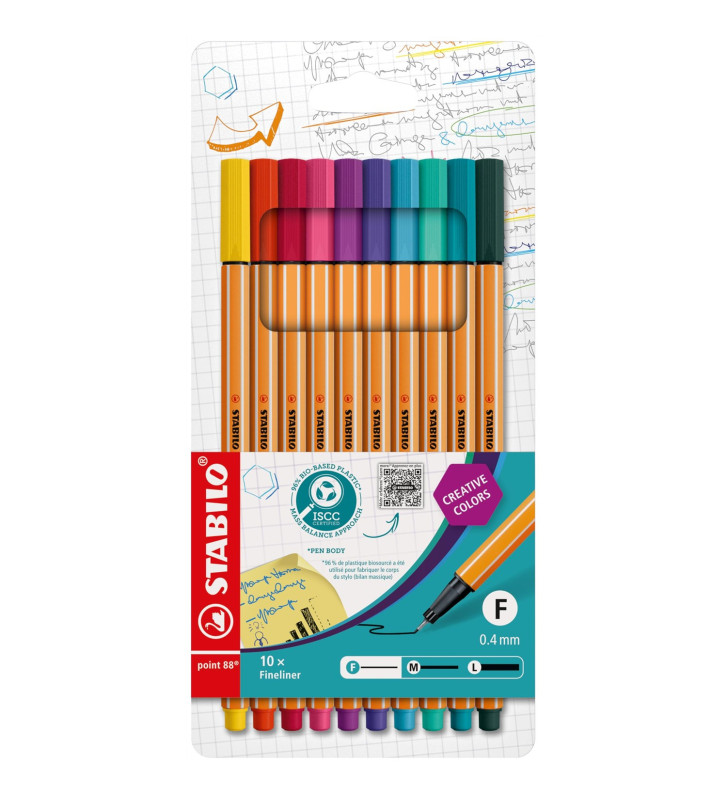 Pochette de 10 Stylo-Feutre POINT 88  Pointe Fine 0,4 mm couleurs fun