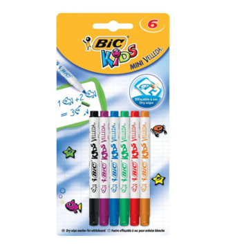 Blister de 6 Feutres effaçable A SEC Kids MINI VELLEDA Pointe Ogive Moy. Assorti fantaisie