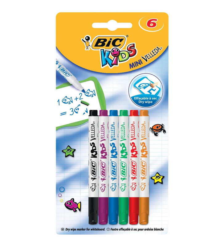 Blister de 6 Feutres effaçable A SEC Kids MINI VELLEDA Pointe Ogive Moy. Assorti fantaisie