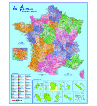 Carte murale souple pelliculée effaçable France Administrative 84,5 x 66 cm