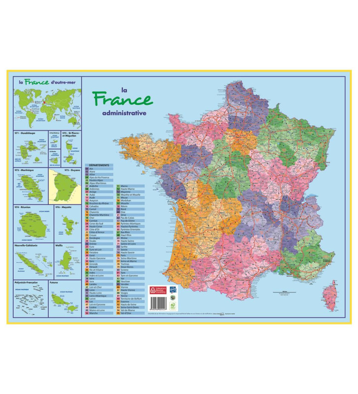 Sous-main carton rigide Carte France Administrative 40,5 X 55 cm