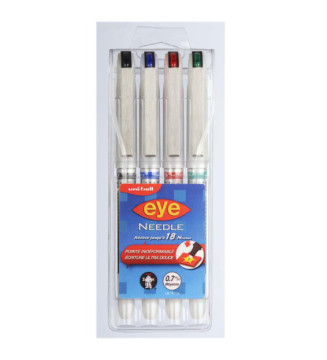 Etui de 4 Rollers encre liquide EYE UB187S/4 pointe aiguille moyenne 0,7mm Noir, Bleu, Rouge, Vert