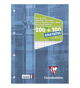 Bloc de cours 21x29,7cm 200+100 pages gratuites 90g Q5x5 perforé 4 trous