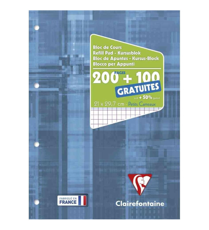 Bloc de cours 21x29,7cm 200+100 pages gratuites 90g Q5x5 perforé 4 trous