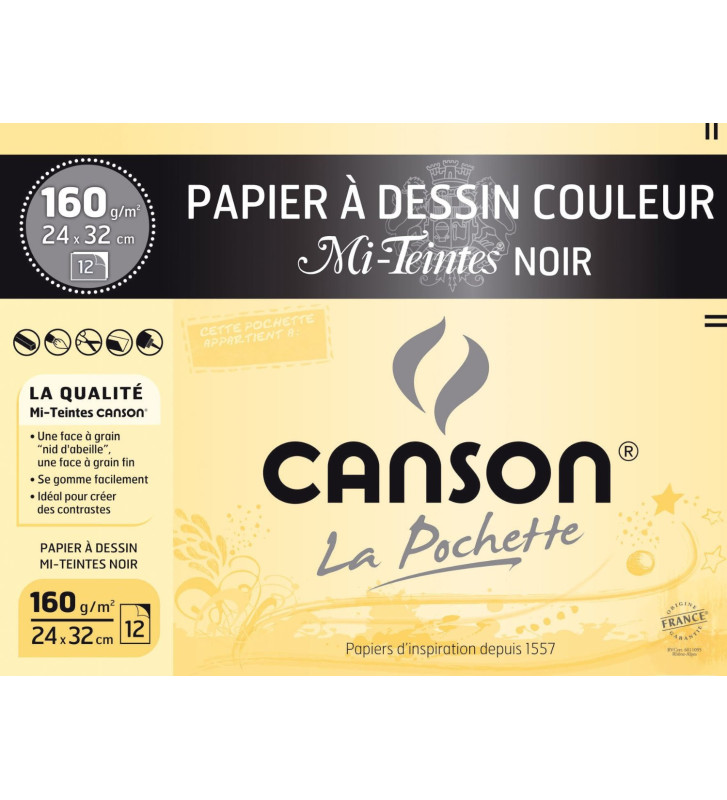 Pochette de 12 feuilles de papier à dessin Mi-Teintes 160g 320 x 240 mm noir