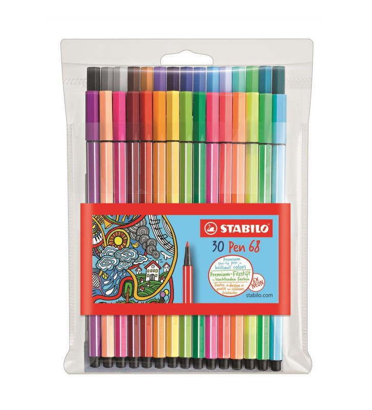 Etui lot de 30 feutres de Dessin PEN 68 Pointe Moyenne 1 mm dont 6 fluo