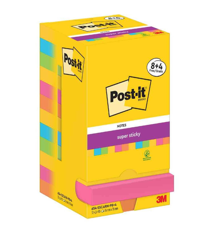 Bloc-note adhésif Super Sticky Notes, 76 x 76 mm Jaune, bleu, jaune citron, rose
