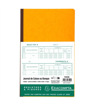 Piqûre 32x19,5cm Journal de caisse ou banque 5 débits - 5 crédits 31 lignes 80 pages - Couleurs...