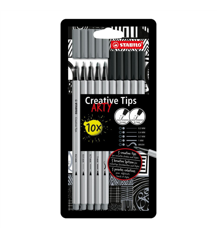 Etui 10 Feutres Calligraphie Pointe Assorties 0.2  0.4  0.7  1 mm et brush - noir, gris