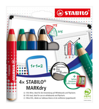 Etui carton de 4 crayons marqueurs  MARKdry+1 taille-crayon+1 chiffonnette